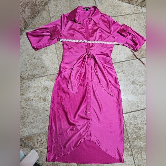 Hers & Mine Hot Pink Satin Tie Front Button Midi Dress Women’s Large Glam Luxe - Picture 6 of 7
